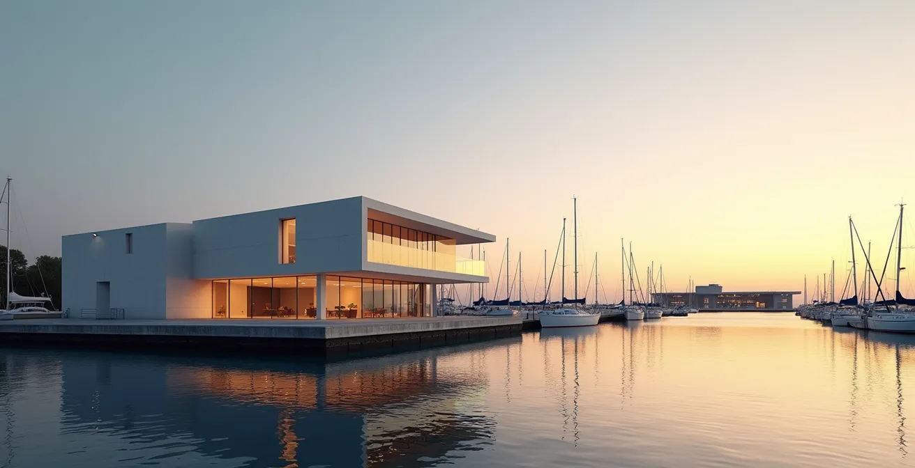 Vue architecturale d'une capitainerie de port français moderne